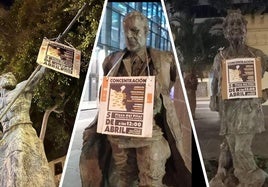 Imagen de algunas de las esculturas ataviadas con el cartel de la concentración.