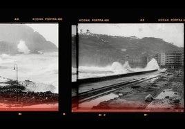 Dos fotogramas del vídeo que recoge el temporal en San Sebastián en 1953.