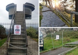 El cartel en el que se puede ver el prohibido el paso y algunos desperfectos en las barandillas.