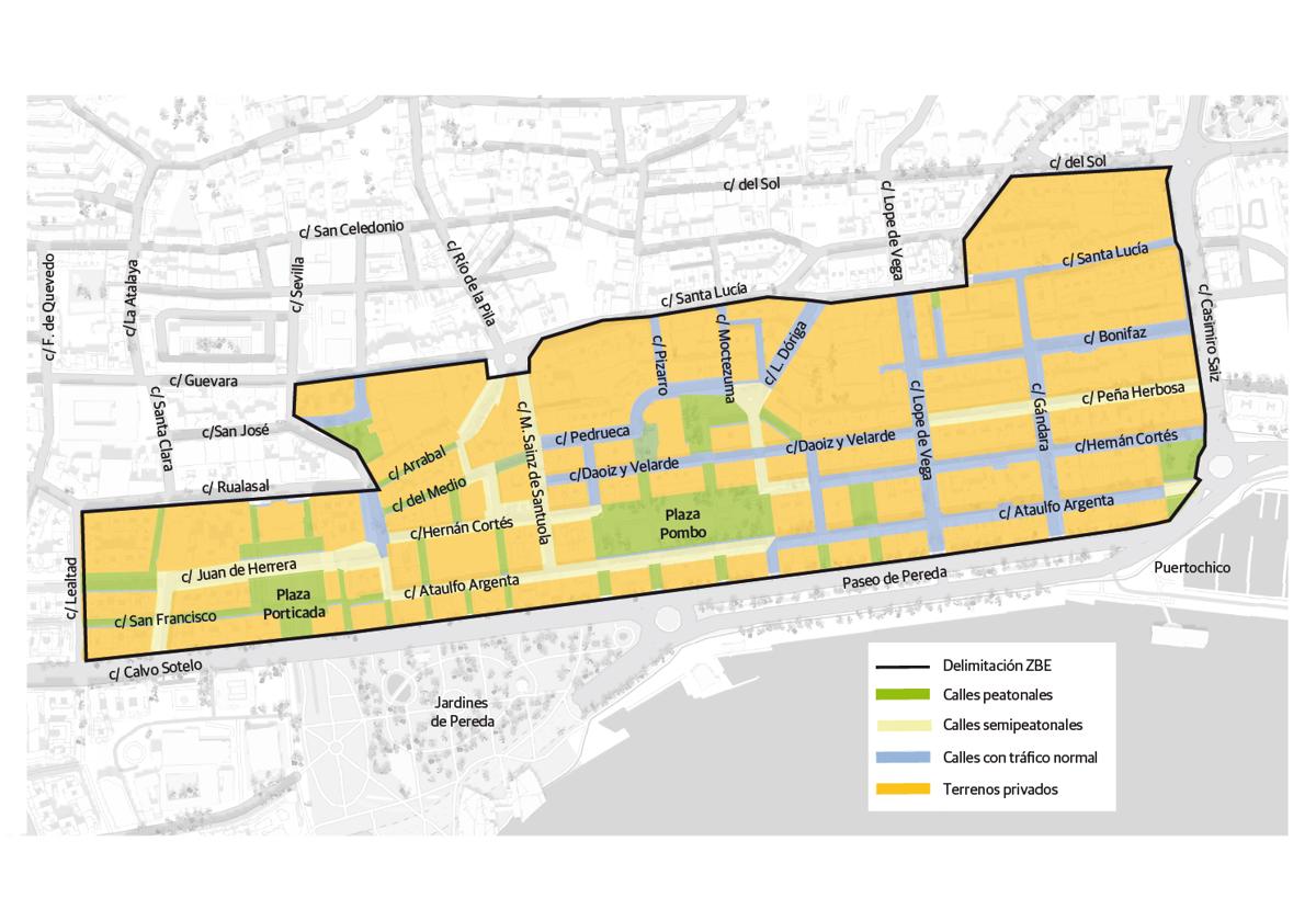 Mapa de la propuesta de Zona de Bajas Emisiones de Santander, que solo afectará al Ensanche.