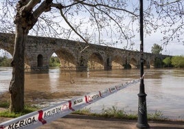 Área precintada junto al río Guadiana, a su paso por Mérida, ante la crecida por desembalses.