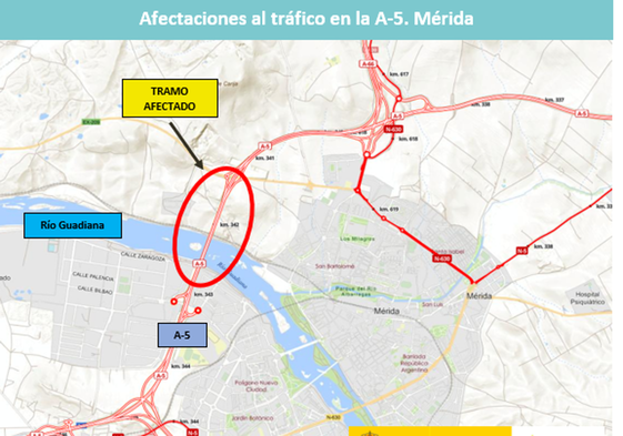 Ubicación de los viaductos de la A-5 en Mérida.
