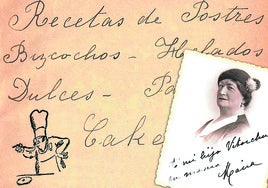 Retrato de la marquesa de Parabere, portada de uno de sus recetarios manuscritos y su caricatura en el Excelsior.