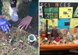 A la izquierda, plantación en Nalda, dentro del proyecto 'Oak Challenge' del Centro Sagrado Corazón. A la derecha, los 'cotidiáfonos' del Compañía de María.