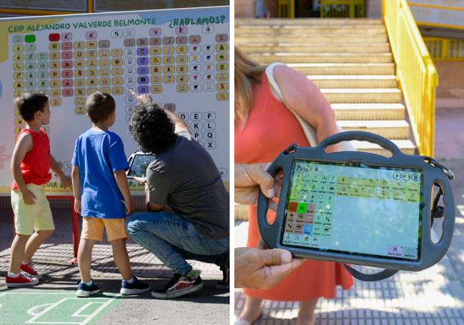 Panel con pictogramas en el patio del colegio.