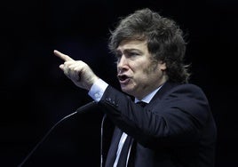 Javier Milei, presidente de Argentina, este domingo durante su discurso en la plaza madrileña de Vistalegre