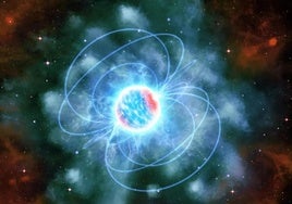 Impresión artística de una estrella de neutrones, mostrada como una esfera azul y roja brillante