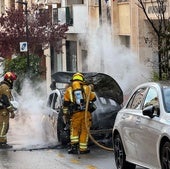 Firefighters extinguish the flames that have engulfed an electric car belonging to the Calp Town Hall.